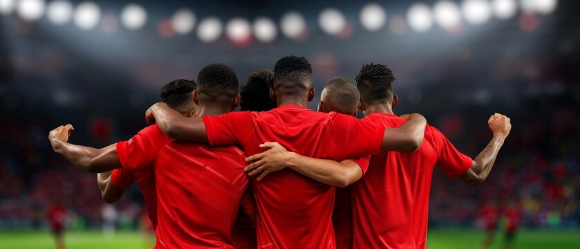 A Hispanic soccer team celebrating a victory on the field, photorealistic, energetic and joyful, bright and detailed