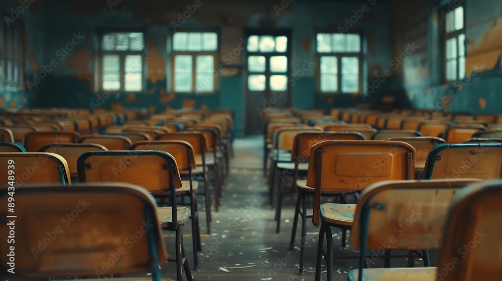 Poster empty classroom with a lot of chair with no student empty classroom with vintage tone wooden chairs 