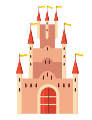 Fairy tale castle. Medieval royal mansion architecture. Beautiful fairy-tale tower for princess, historic fortified building. Knight castle, imagination concept. Isolated cartoon illustration