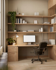 A cozy, contemporary home office or private workspace features a computer with a mockup screen.