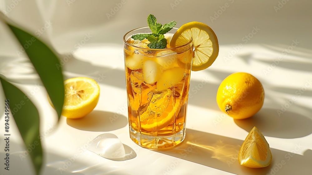Poster Iced tea with lemon mint in a glass on light background with shadow and citrus fruits The concept of a refreshing and trendy drink or lemonade on a hot summer day Front view : Generative AI