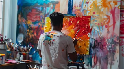 A man engaged in a therapeutic art session painting a vibrant canvas in a colorful studio with inspirational quotes on the walls and various art supplies spread around
