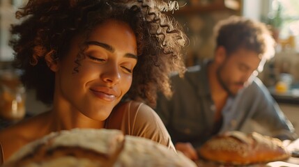 Biracial woman with eyes closed smelling freshly baked loaf of bread while cooking with boyfriend : Generative AI