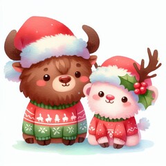 Cute reindeer and polar bear wearing Christmas sweaters and Santa hats.