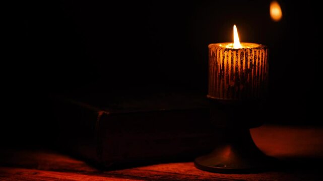 Old Castle. Closed Book Of Ancient Scriptures With Light From A Burning Candle Attached.