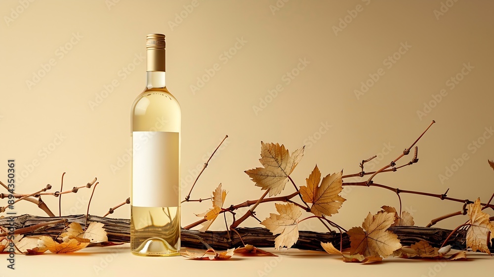 Poster bottle of white wine with a composition of old plank dry snags and dried vine leaves neutral beige b