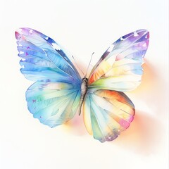 Fototapeta premium a tiny rainbow butterfly, cute creature, watercolor style, pastel tones, isolated on white background