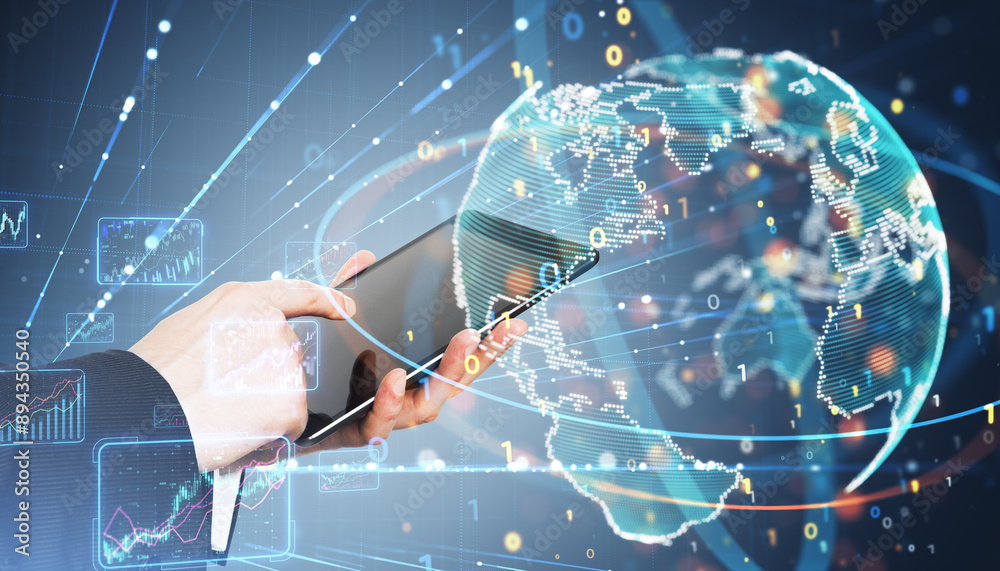 Poster Close up of male hands using tablet with creative binary coding globe on blurry background. World map and global business technologies concept. Double exposure.