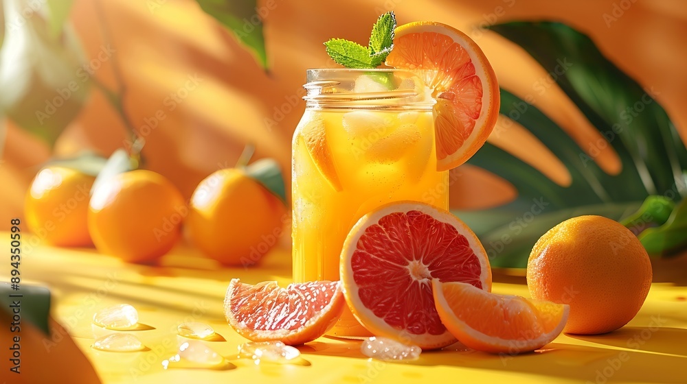 Poster freshly squeezed blood orange juice with ice mint and a slice of fruit in a jar on a yellow backgrou
