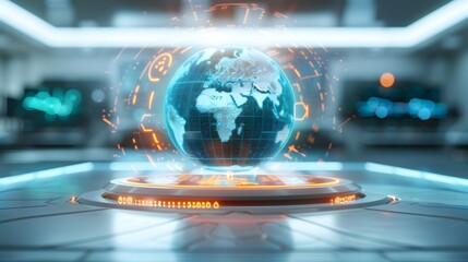 Futuristic city with a glowing globe in the center, surrounded by a circular display of numbers and symbols.