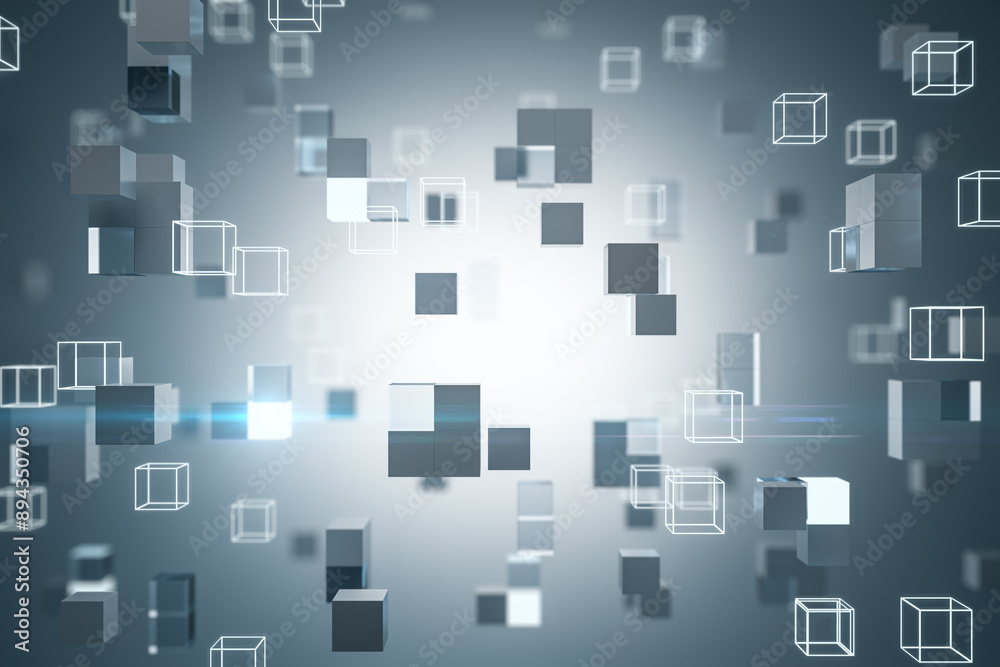Poster Creative digital gray cubes background with mock up place. 3D Rendering.