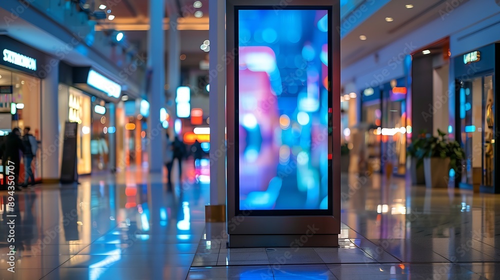 Poster Advertising digital screen on pillar in shopping mall Vertical OOH out of home poster display in retail environment Out of focus bokeh effect in background : Generative AI