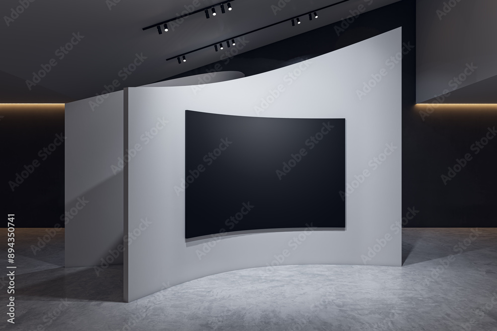 Poster Modern concrete gallery interior with shaped wall and empty black mock up banner. 3D Rendering.