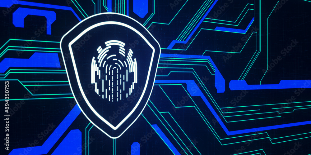 Poster Creative glowing digital shield with fingerprint on dark circuit backdrop. Digital safety, secure and protection concept. 3D Rendering.