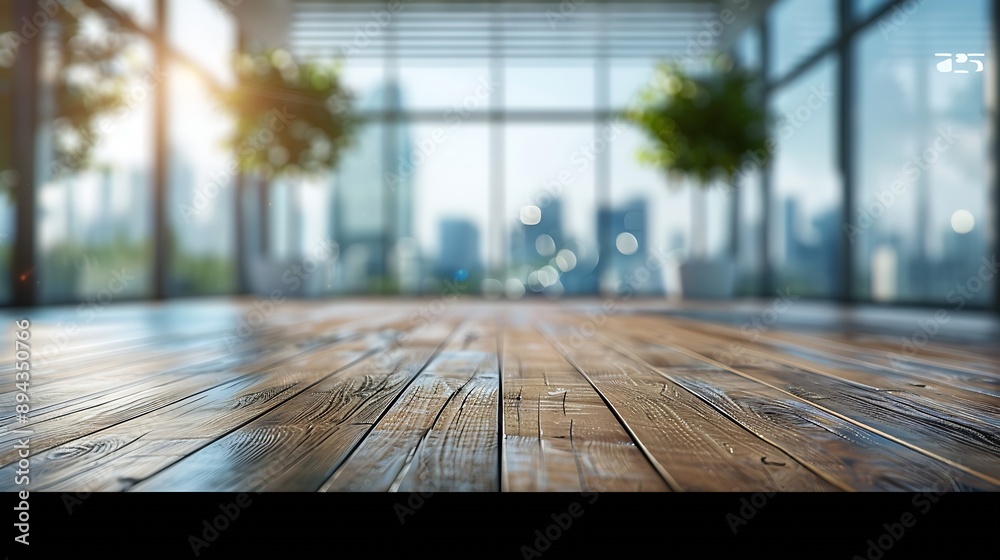 Aufkleber Empty office wooden desktop with empty space on modern boardroom with large window background closeup mock up : Generative AI
