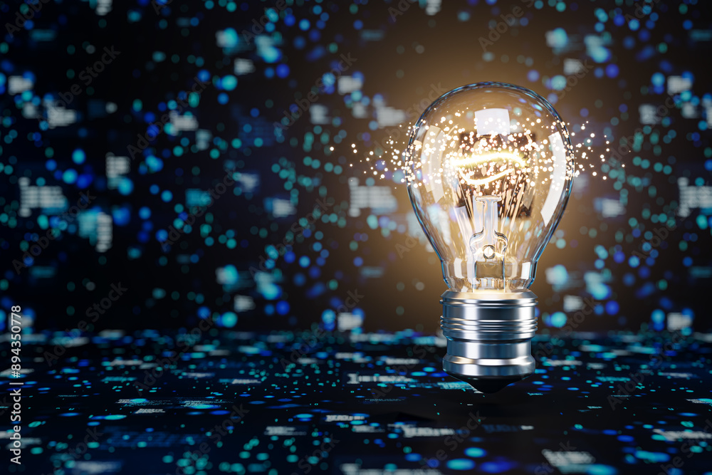 Poster creative glowing light bulb on bright tech backdrop. innovation, technology, creativity and idea con