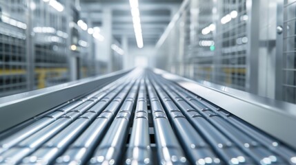 Naklejka premium Glossy silver conveyor belt system in an automated industrial facility, reflecting lights and creating a sense of modern efficiency