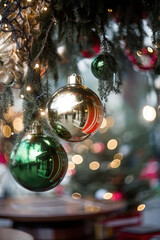 Beautiful festive decorations on the Christmas tree. Close-up. Beautiful Christmas background. The concept of decorations and decor for the new year. New Year's Card 2025