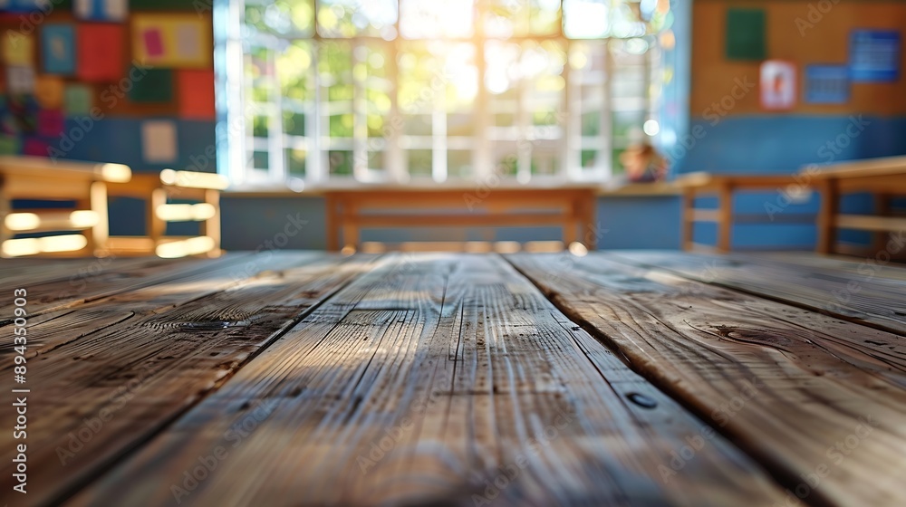Poster wooden board empty table background on the blurred background of the empty classroom : generative ai