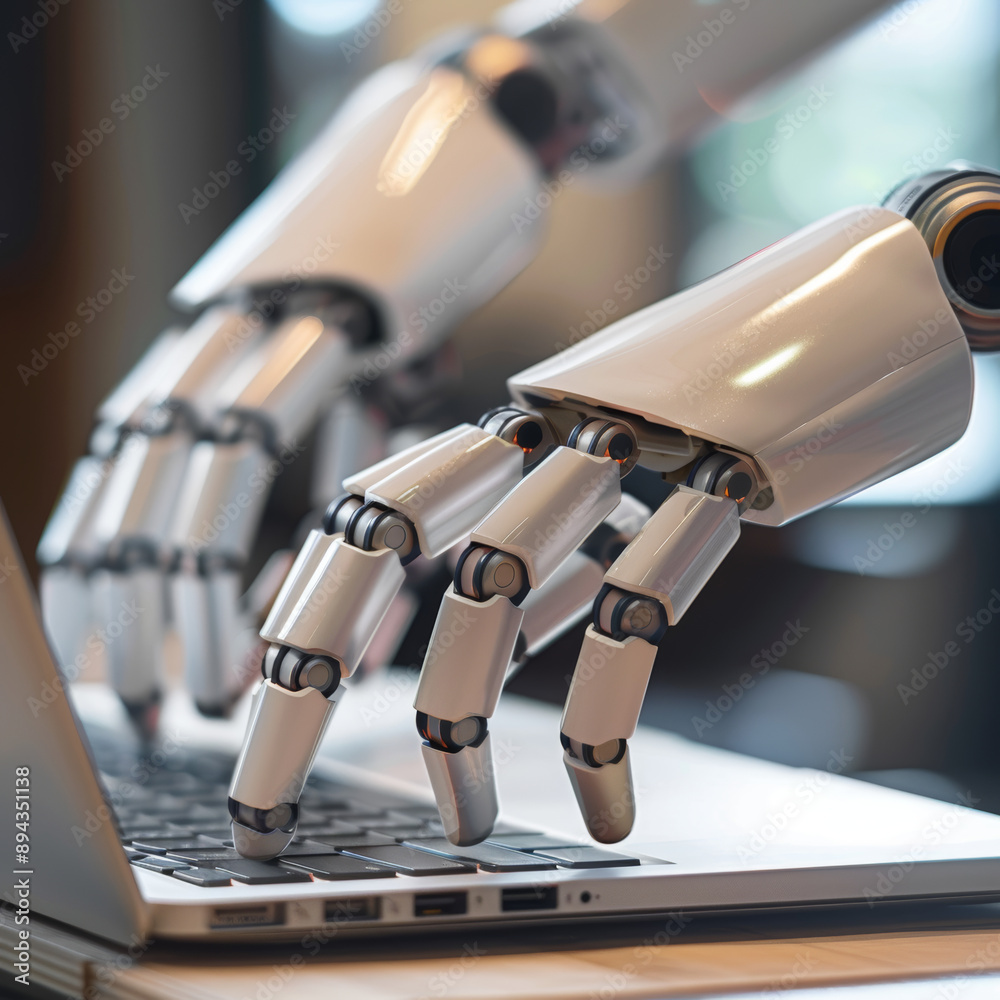 Poster robotic hands hover over a laptop, their fingers poised to interact with a chatbot interface. this i