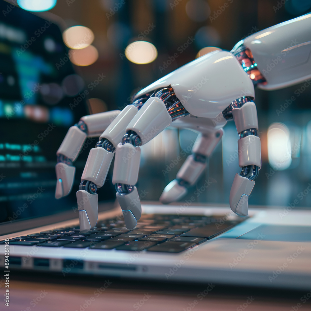 Poster robotic hands hover over a laptop, their fingers poised to interact with a chatbot interface. this i