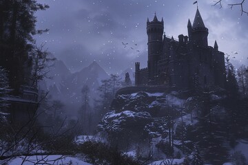 Naklejka premium ai generative castle in high misty cold misty mountains
