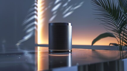 Fototapeta premium A modern compact speaker with a sleek design, placed on a reflective surface with subtle lighting effects