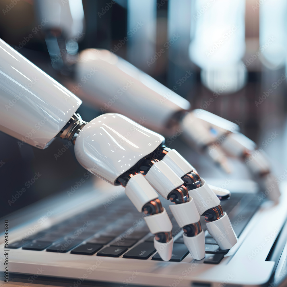 Poster robotic hands hover over a laptop, their fingers poised to interact with a chatbot interface. this i