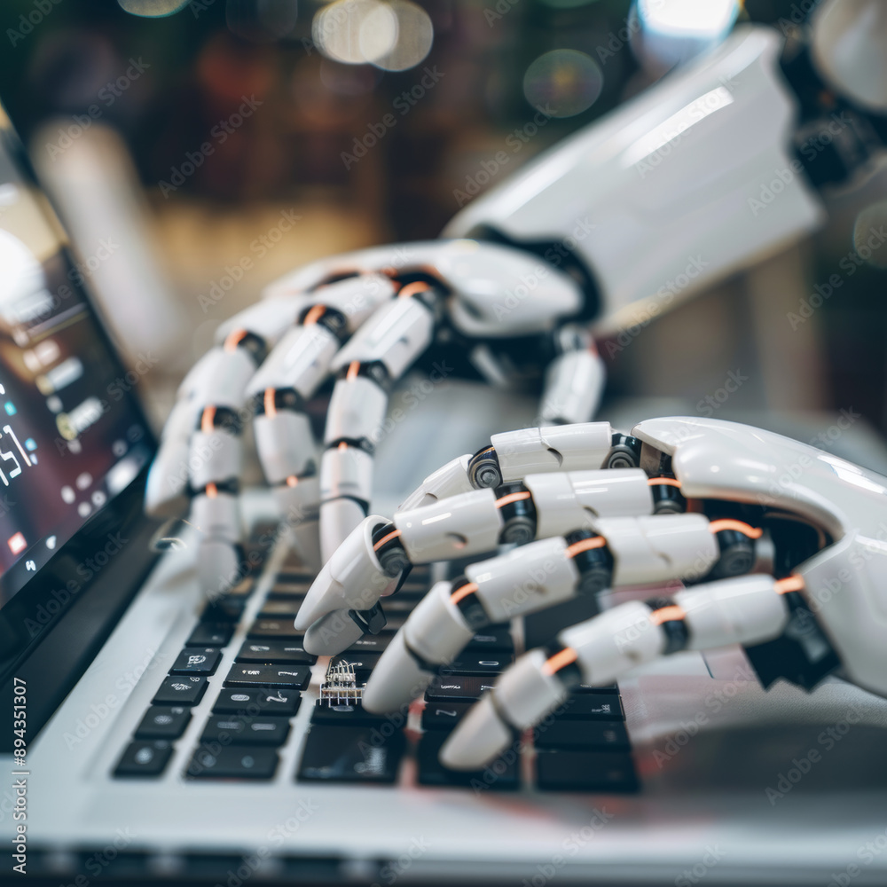 Poster robotic hands hover over a laptop, their fingers poised to interact with a chatbot interface. this i
