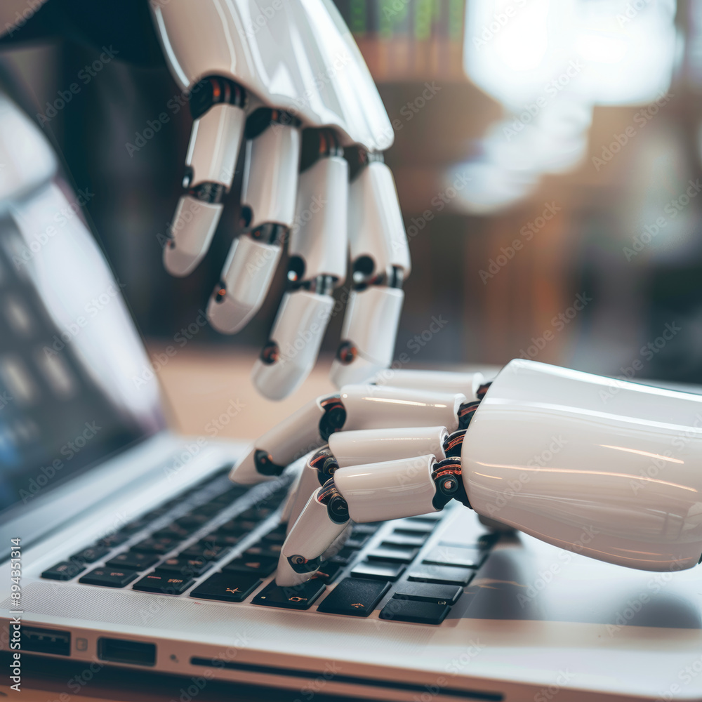 Poster robotic hands hover over a laptop, their fingers poised to interact with a chatbot interface. this i