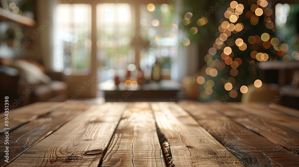 Poster The empty wooden brown table top with blur background of home room in winter Exuberant image : Generative AI