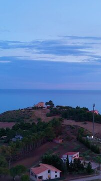 Sicilian sunset: drone views of majestic peaks and the glistening sea. Heraclea Minoa. Sunset drone view, Sicily, Italy. 