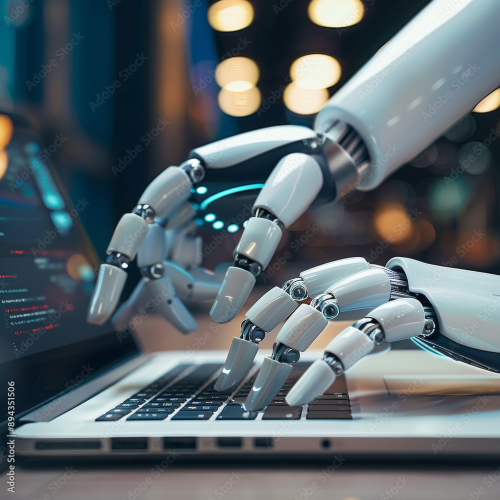 Poster robotic hands hover over a laptop, their fingers poised to interact with a chatbot interface. this i