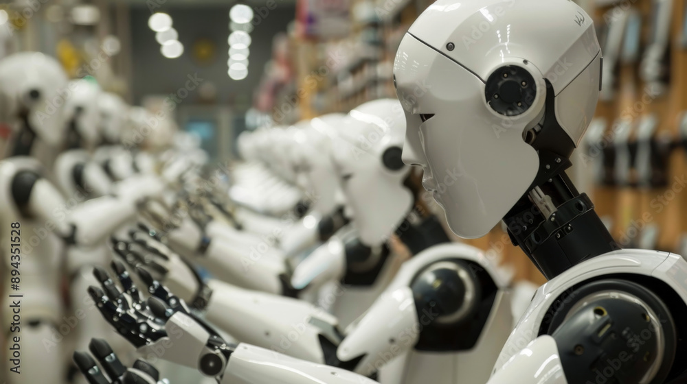 Poster robots in factories are making things without human help. they work in smart factories where they ca