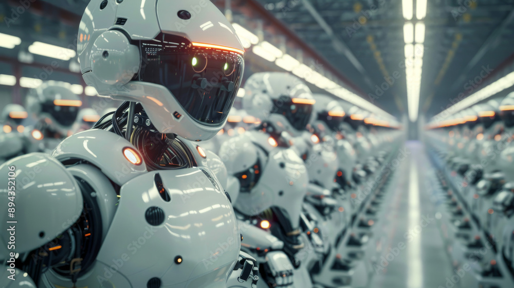 Poster robots in factories are making things without human help. they work in smart factories where they ca