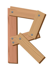 Wooden alphabet font, symbol R. Texture letter isolated on white, vector illustration. Typography typeface made of wooden planks