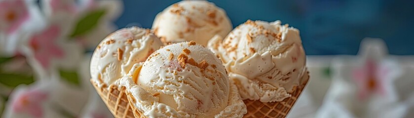 Close-up of a delicious ice cream cone with multiple scoops, perfect for a summer treat. Enjoy the sweet and creamy goodness.