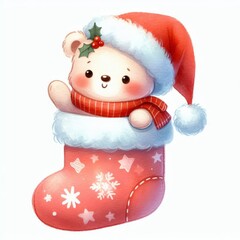 Fototapeta premium Cute white bear wearing a Santa hat, peeking out of a Christmas stocking.
