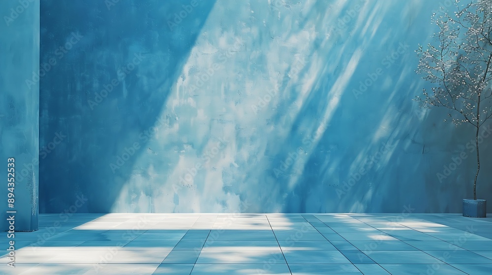 Aufkleber abstract backdrop background blank blue bright cement color composition concrete wall design display empty floor frame geometric gradient graphic indoor interior leaves light lin : Generative AI