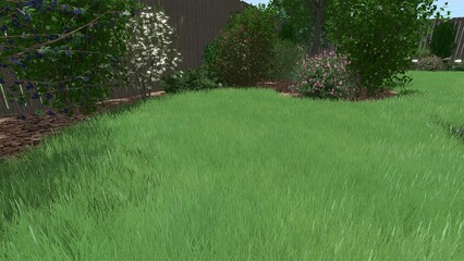 3d image of the landscape design of the home territory. Landscaping of the territory. Computer visualization of composite landscaping and landscaping solutions.