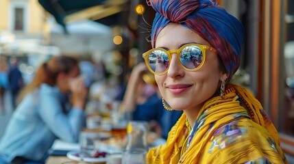 Woman eating pizza at restaurant on a street in Rome Concept of Italian gastronomy and travel Stylish woman with sunglasses and colorful hair shawl : Generative AI