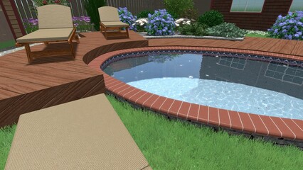 3d image of the landscape design of the home territory. Landscaping of the territory. Computer visualization of composite landscaping and landscaping solutions.