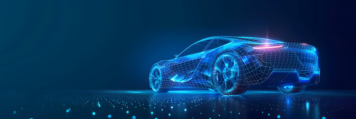 Futuristic digital wireframe of car concept with blue background. 