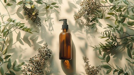 Brown bottle with cosmetic product on a natural beige background made of branches and green leaves : Generative AI
