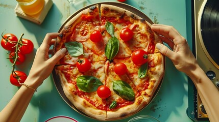 Cook or dj Food pop art photography Female hands with italian pizza lying on vinyl discs on light tablecloth isolated on green background Vintage retro style interior Complementary col : Generative AI