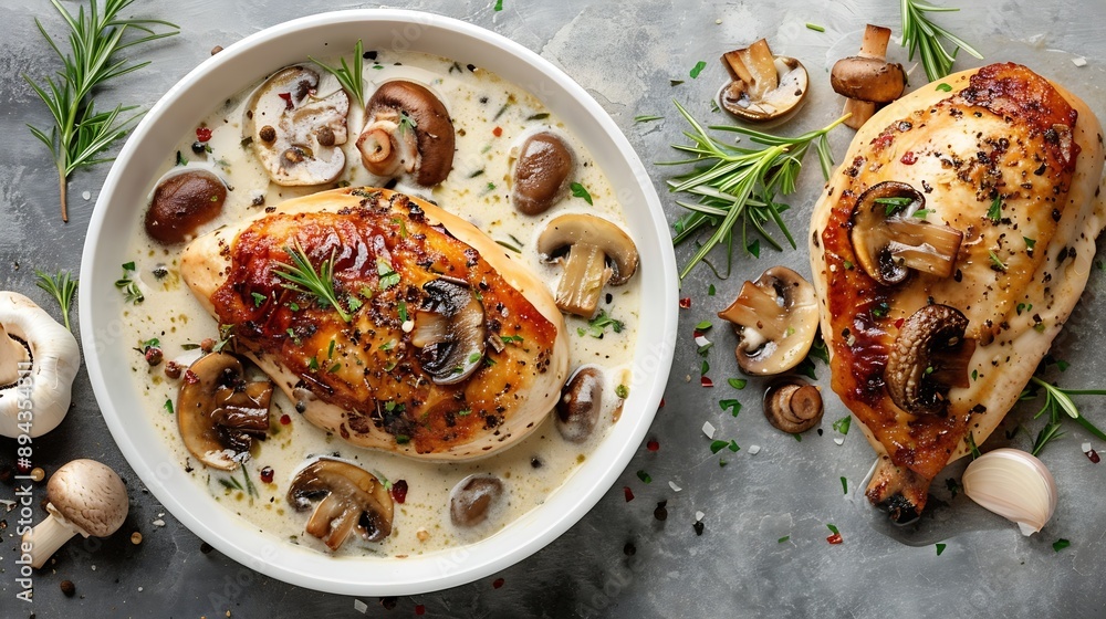 Poster roasted chicken breast with mushrooms in cream sauce on a white ceramic form on a gray concrete back
