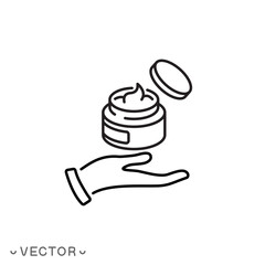 jar with cream in hand icon , care skin, thin line symbol isolated on white background, editable stroke eps 10 vector illustration
