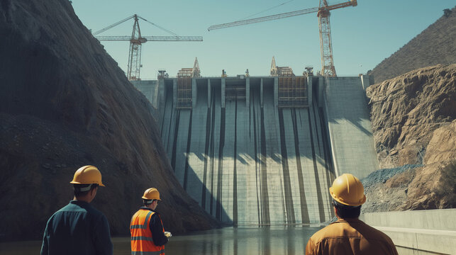 A group of testing the structural of a large construction. The scene includes hydraulic testing equipment, workers