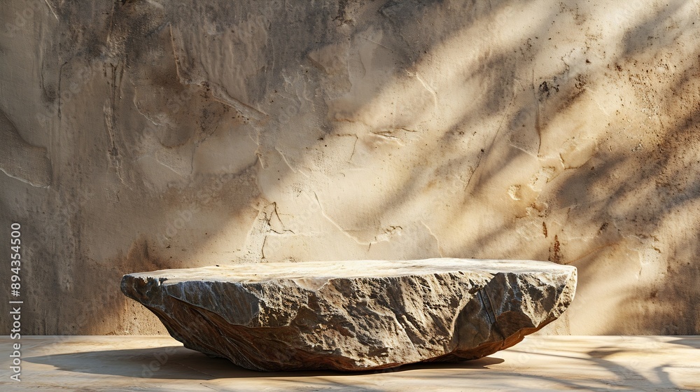 Poster Empty stone podium with lights and shadows on brown background Minimal backdrop Round natural rock and piece of driftwood Abstract pedestal or showcase for presentation Minimal wabi sa : Generative AI