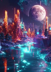 Obraz premium A surreal planet with glowing crystalline forests, neon rivers, and floating holographic islands, all illuminated by a cyberpunk moon.